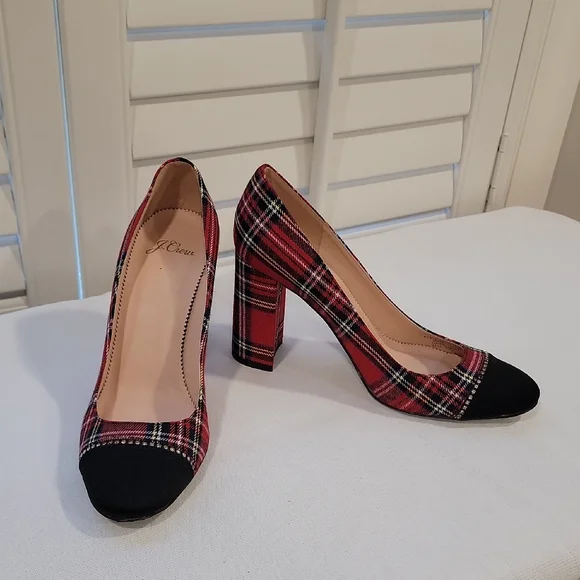 J. Crew Red and Black Stewart Tartan Plaid Heels - Picture 1 of 8